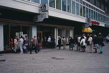 People lined up outside a bookstore
